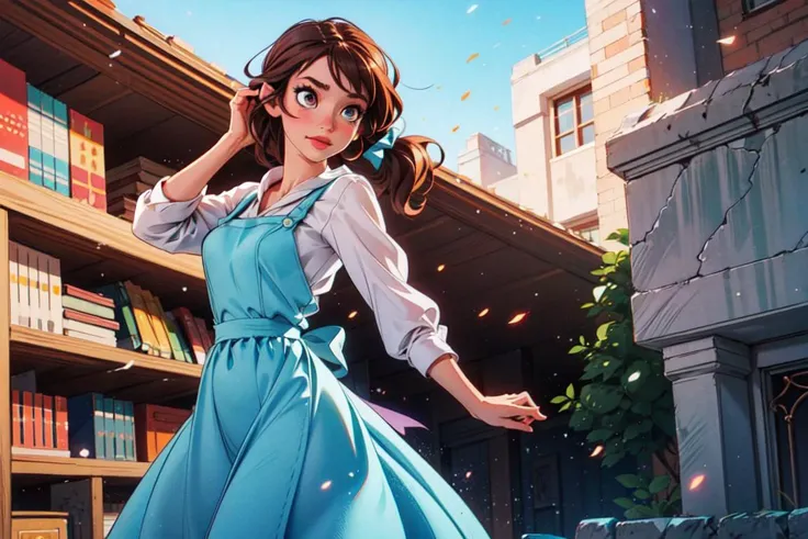 (BelleWaifu:1), (blue dress, apron, low pony tail with bow:1.0), ((hazel eyes)), cartoony facial features, large round eyes, (brown hair), (dress:1.2), (realistic:1.2), (masterpiece:1.2), (full-body-shot:1),(Cowboy-shot:1.2), light particles, library background, (library), dark romantic lighting, (highly detailed:1.2),(detailed face:1.2), (gradients), colorful, detailed eyes, (detailed landscape:1.2), (natural lighting:1.2),(detailed background),detailed landscape, (dynamic pose:1.2), wide shot, solo, 1girl, <lora:Belle_character-20:0.4> <lora:add_detail:0.3> <lora:hipoly3DModelLora_v10:0.05> <lora:RSERomantic_RSESofiko_RSEEmma-v1:0.1>