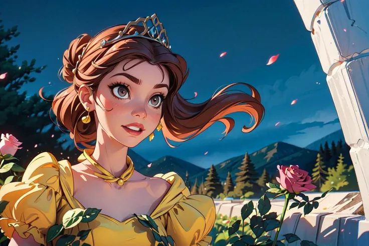 (BelleWaifu:1), (yellow dress, tiara, long skirt:1.5), (yellow strapless dress, puffy dress, long hair, half up half down bun), (hair bun), (holding a rose:1.2), (long yellow dress), (princess dress), cartoony facial features, large round eyes, (brown hair), (dress:1.2), (realistic:1.2), (masterpiece:1.2), (full-body-shot:1),(Cowboy-shot:1.2), light particles, castle, (winter), dark romantic lighting, (highly detailed:1.2),(detailed face:1.2), (gradients), colorful, detailed eyes, (detailed landscape:1.2), (natural lighting:1.2),(detailed background),detailed landscape, (dynamic pose:1.2), wide shot, solo, 1girl, <lora:Belle_character-20:0.4> <lora:add_detail:0.3> <lora:hipoly3DModelLora_v10:0.05> <lora:RSERomantic_RSESofiko_RSEEmma-v1:0.1>