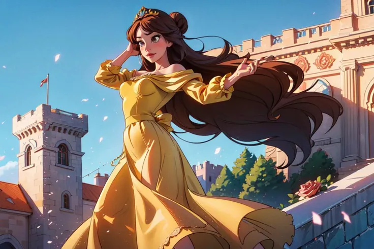 (BelleWaifu:1), (yellow dress, tiara, long skirt:1.5), (hair bun), (holding a rose), (long yellow dress), (princess dress), cartoony facial features, large round eyes, (brown hair), (dress:1.2), (realistic:1.2), (masterpiece:1.2), (full-body-shot:1),(Cowboy-shot:1.2), light particles, castle, (winter), dark romantic lighting, (highly detailed:1.2),(detailed face:1.2), (gradients), colorful, detailed eyes, (detailed landscape:1.2), (natural lighting:1.2),(detailed background),detailed landscape, (dynamic pose:1.2), wide shot, solo, 1girl, <lora:Belle_character-20:0.4> <lora:add_detail:0.3> <lora:hipoly3DModelLora_v10:0.05> <lora:RSERomantic_RSESofiko_RSEEmma-v1:0.1>