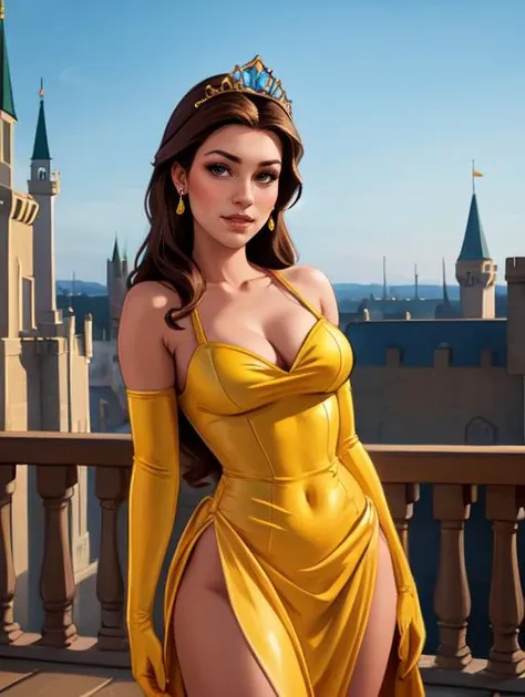 <lora:Belle_character:0.4>, disney,bellewaifu,1girl,solo BREAK skimpy yellow dress,revealing cleavage,exposed breasts BREAK yellow elbow gloves,makeup,jewelry,earrings,tiara BREAK looking at viewer seductively,full body shot,(cowboy shot:1.5),elegant ballroom background,castle background,(high quality, masterpiece, photorealistic:1.2),