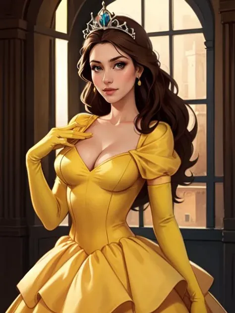 <lora:Belle_character:0.4>, disney,bellewaifu,1girl,solo BREAK skimpy yellow dress,revealing cleavage,exposed breasts BREAK yellow elbow gloves,makeup,jewelry,earrings,tiara BREAK looking at viewer seductively,full body shot,(cowboy shot:1.5),elegant ballroom background,castle background,(high quality, masterpiece, photorealistic:1.2),
