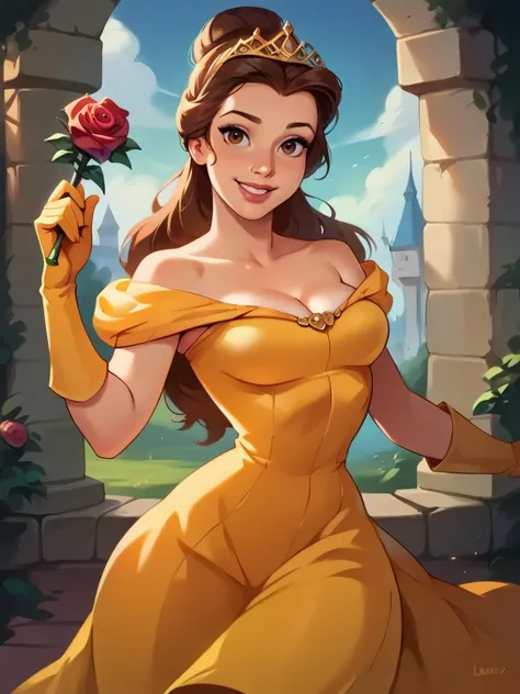 score_9, score_8_up, score_7_up, score_6_up, 1girl holding a rose in a castle, makeup, yellow dress, bare shoulders, cleavage, gloves, hair bun, long hair, tiara, curvy, medium breasts, narrow waist, wide hips, thick thighs, looking at viewer, dynamic angle, cowboy shot, cartoon, dynamic pose, smile, cute, wide shot, realistic, 
<lora:BelleXLP_Character:1>BelleXLP