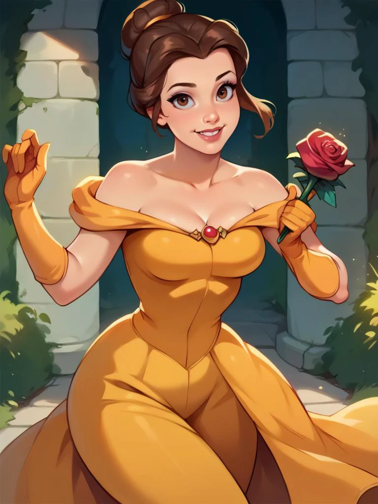 score_9, score_8_up, score_7_up, score_6_up, 1girl holding a rose in a castle, makeup, yellow dress, bare shoulders, cleavage, gloves, hair bun, tiara, curvy, medium breasts, narrow waist, wide hips, thick thighs, looking at viewer, dynamic angle, cowboy shot, cartoon, dynamic pose, smile, cute, wide shot, realistic,
<lora:BelleXLP_Character:1>BelleXLP