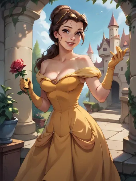 score_9, score_8_up, score_7_up, score_6_up, 1girl holding a rose in the middle of garden, castle in the background, makeup, yellow dress, bare shoulders, cleavage, gloves, hair bun, long hair, tiara, curvy, medium breasts, narrow waist, wide hips, thick thighs, looking at viewer, dynamic angle, cowboy shot, cartoon, dynamic pose, smile, cute, wide shot, realistic, from side, dress lift,
<lora:BelleXLP_Character:1>BelleXLP <lora:Realistic_2.5DAnime_Merge1:0.5>