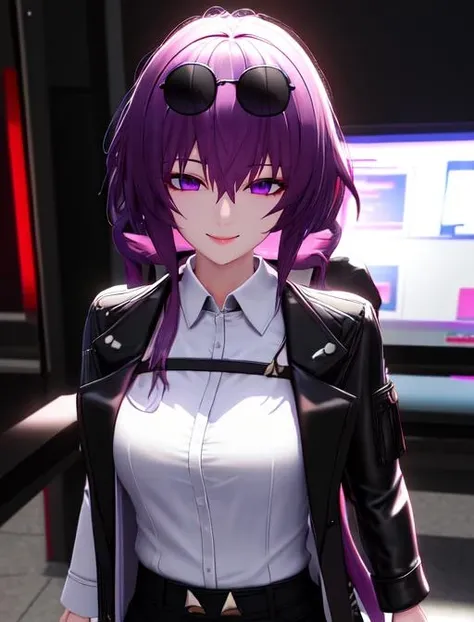 best quality, masterpiece, highres, detailed, digital artwork, <lora:Detail - add_detail:0.2>, <lora:Character - KafkaHonkai:0.8>, KafkaHonkai, sunglasses on head, purple eyes, purple hair, white shirt, black jacket, open jacket, evil smile, 3D model, sci-fi, screens, lab,