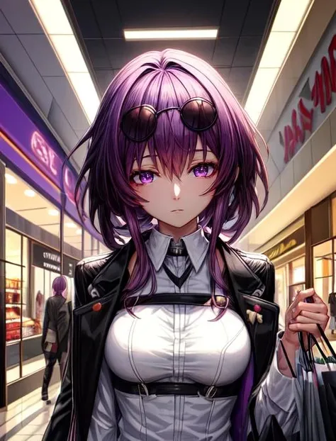 best quality, masterpiece, highres, detailed, digital artwork, <lora:Detail - add_detail:0.2>, <lora:Character - KafkaHonkai:0.8>, KafkaHonkai, sunglasses on head, purple eyes, purple hair, white shirt, black jacket, open jacket, expressionless, shopping, mall