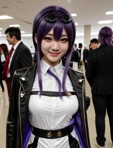 best quality, masterpiece, highres, detailed, realistic, <lora:Detail - add_detail:0.2>, <lora:Character - KafkaHonkai:0.6>, KafkaHonkai, sunglasses on head, purple eyes, purple hair, white shirt, black jacket, open jacket, evil smile, cosplay, cosplay convention, 30 year old asian woman,