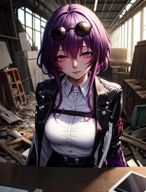best quality, masterpiece, highres, detailed, digital artwork, <lora:Detail - add_detail:0.2>, <lora:Character - KafkaHonkai:0.8>, KafkaHonkai, sunglasses on head, purple eyes, purple hair, white shirt, black jacket, open jacket, naughty face, purple energy, night, abandoned factory,