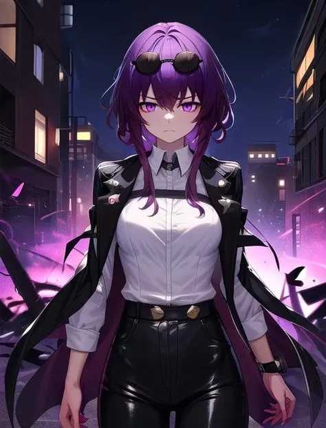 best quality, masterpiece, highres, detailed, digital artwork, <lora:Detail - add_detail:0.2>,  <lora:Character - KafkaHonkai:0.8>, KafkaHonkai, sunglasses on head, purple eyes, purple hair, white shirt, black jacket, open jacket, slightly upset, purple energy, night, abandoned factory,