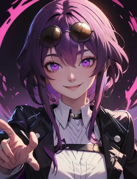 best quality, masterpiece, highres, detailed, digital artwork, <lora:Detail - add_detail:0.2>, <lora:Character - KafkaHonkai:0.8>, KafkaHonkai, sunglasses on head, purple eyes, purple hair, white shirt, black jacket, open jacket, evil smile,