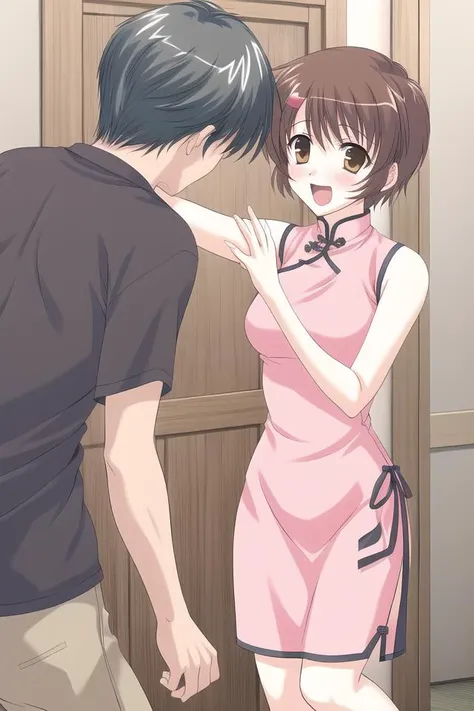 masterpiece, best quality, absurdres, cute, ultra-detailed, perfect anatomy, <lora:kazoku_keikaku:0.6>, takayashiki tsukasa, kazoku keikaku, takayashiki haruka, 1girl, blush, smile, short hair, open mouth, 1boy, :d, hetero, heart, hairclip, couple, china dress, heart hair ornament, headpat, architecture, east asian architecture