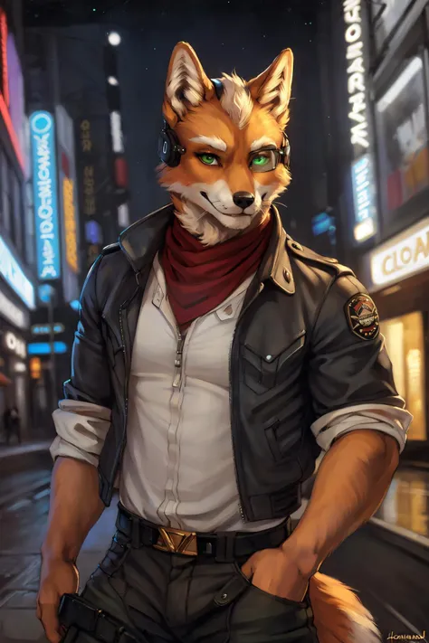 (by oouna, by honovy, by personalami, by clockhands) male, fox, solo, wearing jacket, green eyes, fox mccloud, wearing jacket, pants, scarf, fancy, black shirt, night, city, tokyo, street, akihabara, neon lights