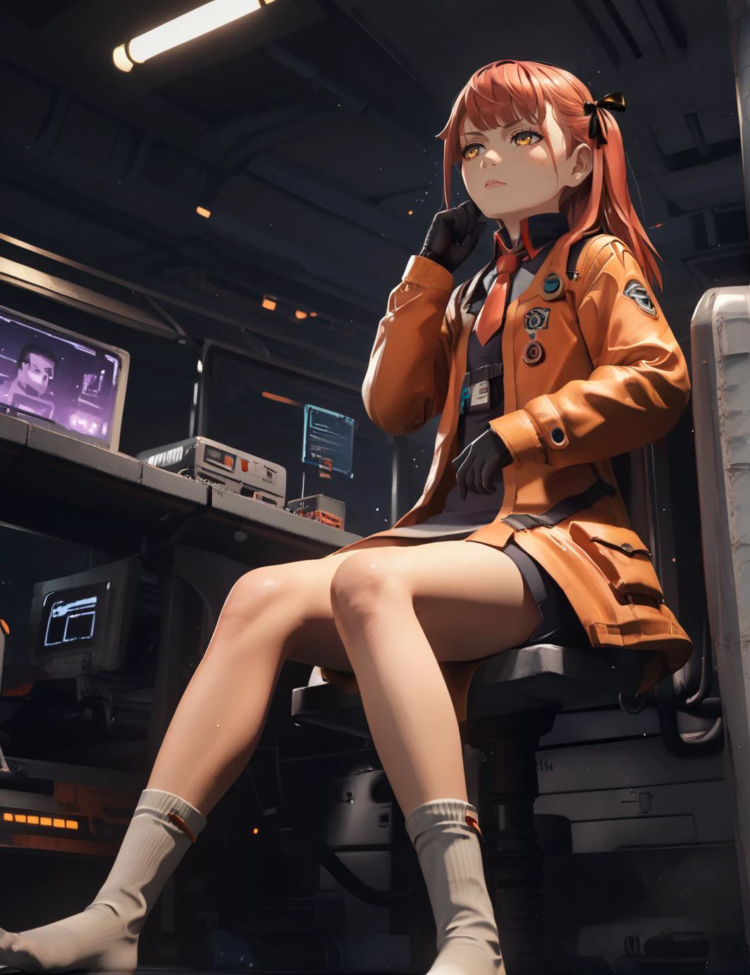 score_9,score_8_up,score_7_up,score_6_up,source anime BREAK
1girl,solo,cockpit,spaceship,space,science fiction,dark background,piloting,cyberpunk,serious,(spacesuit:0.4),(military uniform:0.5),long sleeves,gloves,dress,sitting,side ponytail,red_hair,amber eyes,hair ribbon,tie,straight-on,from below,particles,(orange color grading:1.4),no shoes,(3d background:1.13)
<lora:happoubi_jin_pony_v3:0.5> <lora:kasedaiki_style_PONYXL:0.62> <lora:cinematic_anime_scenery_v1:0.75> <lora:Sinfully_Stylish_dramitic_bold_lighting:0.4>