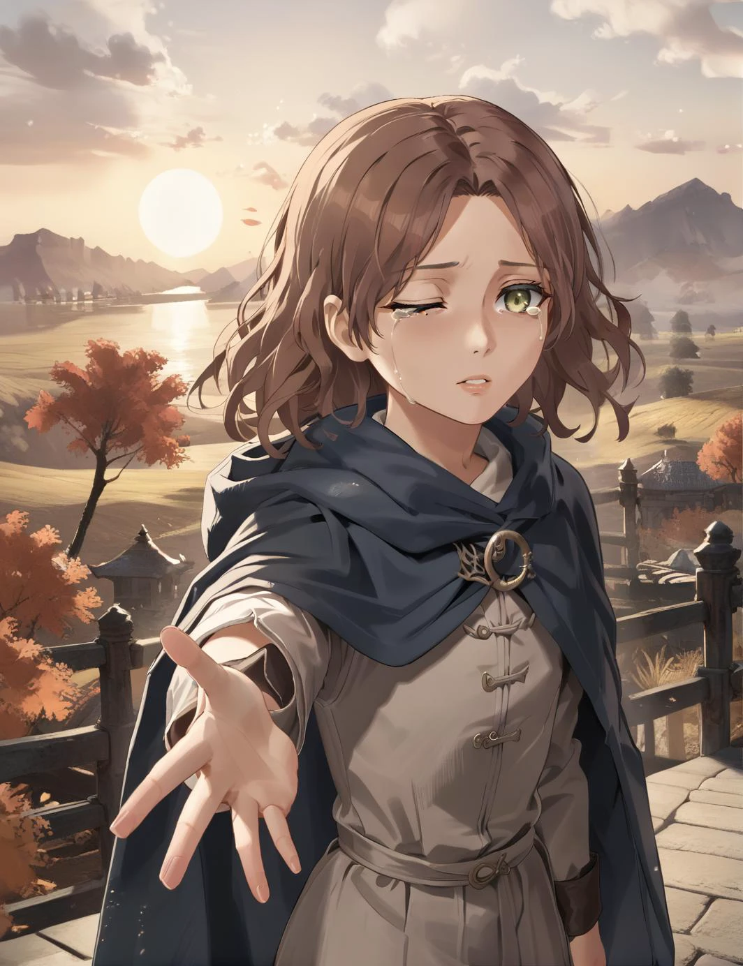 score_9,score_8_up,score_7_up,score_6_up,source anime BREAK
(3d background:1.2),scenery,volumetric lighting,sunlight,elden ring,erdtree \(elden ring\),reaching towards viewer,eyelashes,brown hair,1girl,teeth,parted lips,black cloak,reaching,crying,one eye closed,medium hair,outdoors,streaming tears,cloak,tears,embers,sun,solo,melina \(elden ring\)
<lora:happoubi_jin_pony_v3:0.5> <lora:kasedaiki_style_PONYXL:0.62> <lora:cinematic_anime_scenery_v1:0.75> <lora:Sinfully_Stylish_dramitic_bold_lighting:0.4>