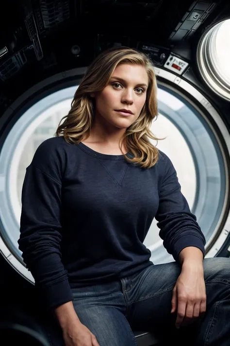 photo of K4t33S4ckh0ff_HM-135, a woman, perfect hair, (modern photo), wearing baggy sweatshirt and jeans, 50mm medium telephoto (analog, cinematic, film grain:1.3), Space Station, High-tech environment with zero-gravity corridors, advanced controls, sleep pods, and cosmic views., detailed eyes, professional pose, (epiCPhoto), (looking at viewer:1.1), (cinematic shot:1.3), (natural style lighting), <lora:add_detail:0.5>