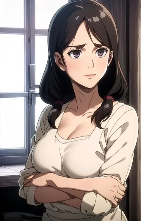 <lora:Carla_Yeager_AOT-KK77-V1_Attack of Titans:0.7>, 1girl, large breasts, upper body, face:1.5, bending:1.4, portrait, collared shirt, carla yeager, ((a woman full face)),indoors, room, <lora:munechiraLora_test004Slip__munechira:0.7>