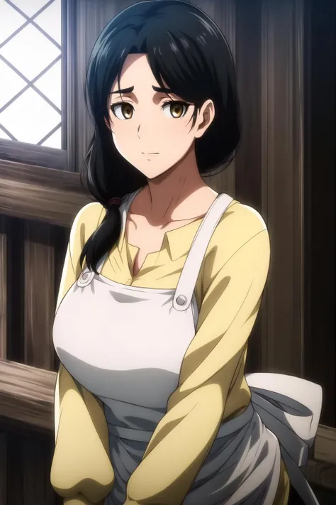 (day:1.7),next to a building with a window and a railing in the background,
Standing at attention,
Yellow Shirt,cleavage, collarbone, long sleeves,White apron,
<lora:Carla_Yeager_AOT-KK77-V1:0.7>,<lora:more_details:0.3>,
black eyes, brown eyes, Bangs, single braid,
1 girl, 20yo,Young female,Beautiful Finger,Beautiful long legs,Beautiful body,Beautiful Nose,Beautiful character design, perfect eyes, perfect face,expressive eyes,
looking at viewer, in the center of the image,(Upper_body),(close-Up),(Focus on her face),
official art,extremely detailed CG unity 8k wallpaper, perfect lighting,Colorful, Bright_Front_face_Lighting,shiny skin,
(masterpiece:1.0),(best_quality:1.0), ultra high res,4K,ultra-detailed,
photography, 8K, HDR, highres, absurdres:1.2, Kodak portra 400, film grain, blurry background, bokeh:1.2, lens flare, (vibrant_color:1.2)
(Beautiful,large_Breasts:1.4), (beautiful_face:1.5),(narrow_waist),