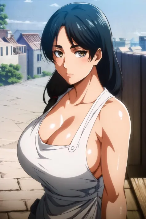 (day:1.7), a city with a lot of buildings and a sky background with clouds in the background and a blue sky, architecture,
Standing at attention, at the roof,
deep cleavage, collarbone, White apron,bare shoulders, 
<lora:Carla_Yeager_AOT-KK77-V1:0.7>,<lora:more_details:0.3>,
black Hair,  brown eyes, Bangs, single braid, 
1 girl, 20yo,Young female,Beautiful Finger,Beautiful long legs,Beautiful body,Beautiful Nose,Beautiful character design, perfect eyes, perfect face,expressive eyes,
looking at viewer, in the center of the image,(Upper_body),(close-Up),(Focus on her face),
official art,extremely detailed CG unity 8k wallpaper, perfect lighting,Colorful, Bright_Front_face_Lighting,shiny skin, 
(masterpiece:1.0),(best_quality:1.0), ultra high res,4K,ultra-detailed,
photography, 8K, HDR, highres, absurdres:1.2, Kodak portra 400, film grain, blurry background, bokeh:1.2, lens flare, (vibrant_color:1.2)
(Beautiful,large_Breasts:1.4), (beautiful_face:1.5),(narrow_waist),
