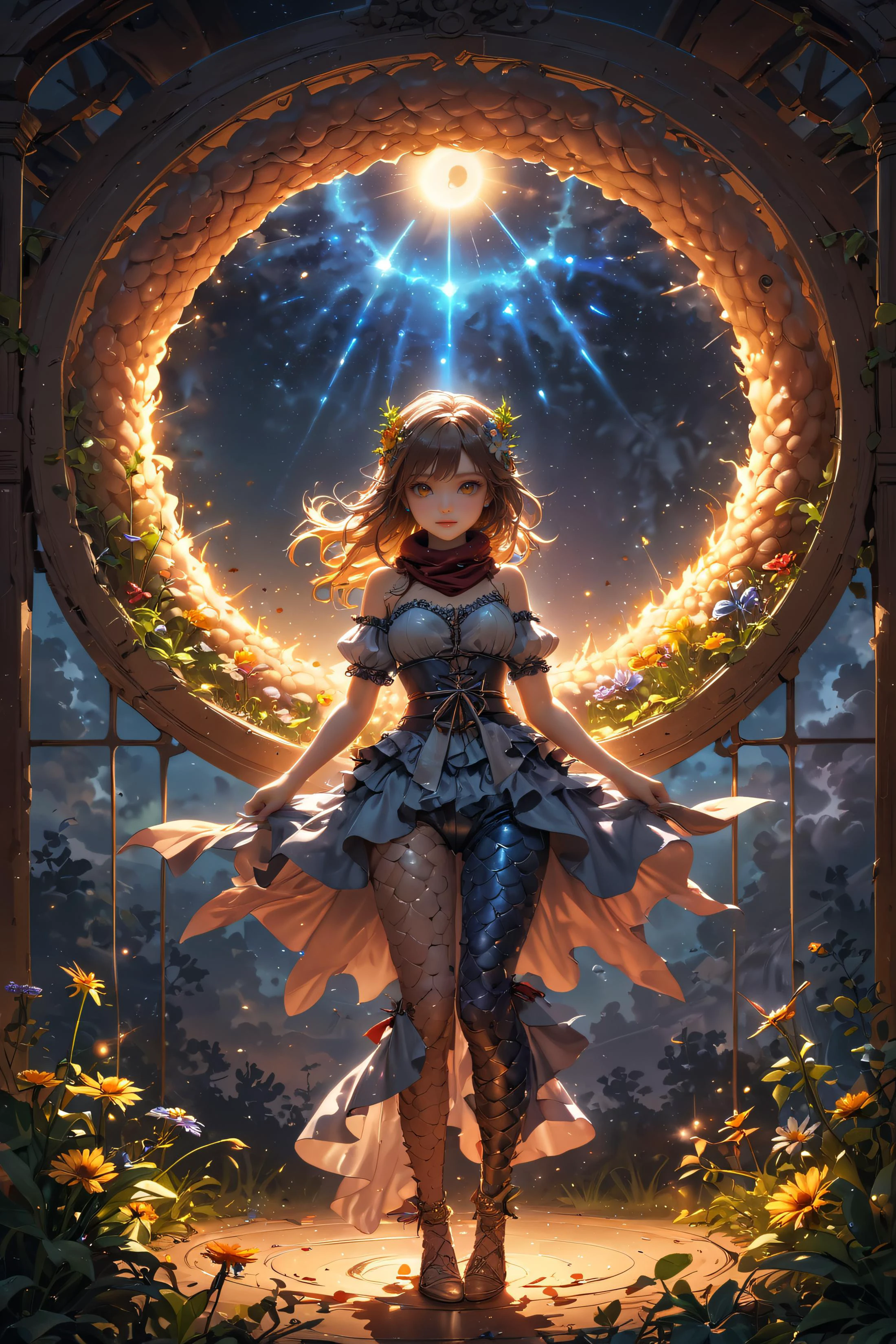 Land Art,highly detailed,textured skin,high details,detailed face,masterpiece,detailed hair,
A woman is riding on Lizardfish and generous gradient twining linear plant, blazingyellow ray floret raceme flower, tubular-funnelform, involucre, tristichous phyllotaxy, in a supernova, meteor shower peak,solar eclipse,peak,sash window setting,Bloom light,wild hair,baggy full body clothing, haptic feedback coating, digital overlay print, puff sleeves, high-low hemline, natural waist, mermaid skirt, drawstring waist,,sequin embellishments,,cross-back,,detachable train, tie closure,,scarf,Low-cut socks,full body,
<lora:OMG-Is-DucHaiten_v1.0:0.4>,<lora:clearHandExtract:0.8>,<lora:PAseer-SDXL-AcceleratorLighting:1>,