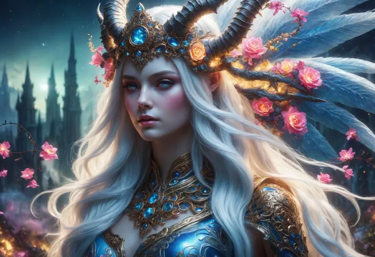 awesome quality, dynamic,upper body,DonMM1y4XL woman, horns, mysterious scenery,rose madder magical circle order  <lora:ClearHand-V2><lora:DonMM1xXL-v1.1:.6>