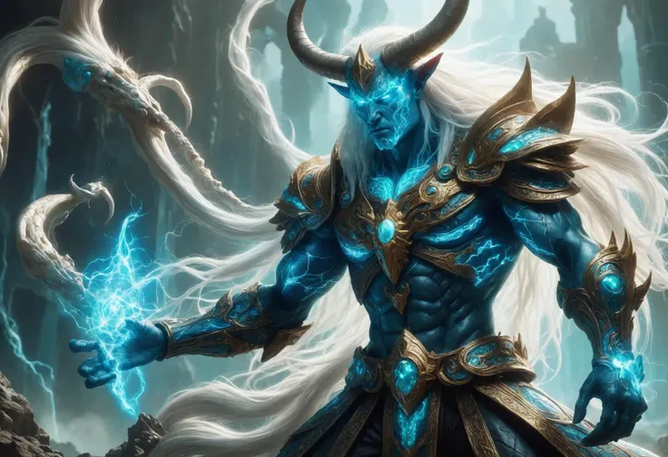 awesome quality, dynamic,upper body,DonMM1y4XL man, horns, mysterious scenery,turquoise solid electricity  <lora:ClearHand-V2><lora:DonMM1xXL-v1.1:.6>