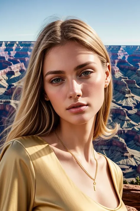 European woman, closeup, (shirt), pants, (grand canyon), gold necklace , ZM_viola, wide shoulders, perfect face, (contact iris: 1.1), pale skin, skin pores , depth of field