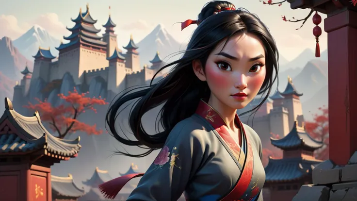 highly detailed photo of princess Mulan <lora:princess_xl_v2:0.5>, disney style, beautiful face, castle in background, cleavage, looking at viewer, highkey lighting, braids, realistic, serov, surikov, vasnetsov, repin, kramskoi, paint texture, low aperature, insanely detailed, charlie bowater, tom bagshaw, octane rendered, unreal engine, illustration, trending