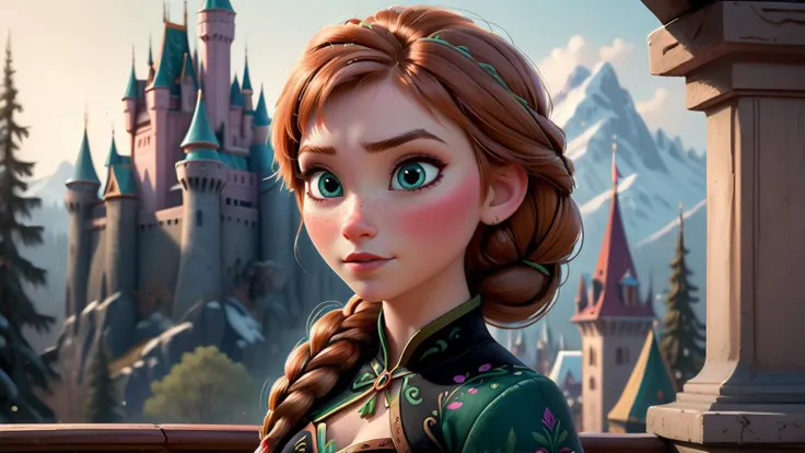 highly detailed photo of princess Anna <lora:princess_xl_v2:0.5>, disney style, beautiful face, castle in background, cleavage, looking at viewer, highkey lighting, braids, realistic, serov, surikov, vasnetsov, repin, kramskoi, paint texture, low aperature, insanely detailed, charlie bowater, tom bagshaw, octane rendered, unreal engine, illustration, trending