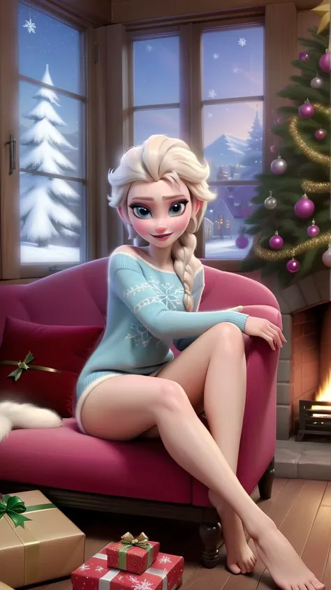 princess elsa,<lora:princess_xl_v1:0.6>,couch,sitting,sweater,window,fireplace,christmas tree,bare legs,parted lips,blush,(smile:0.5),((pussy)),((spread legs)),