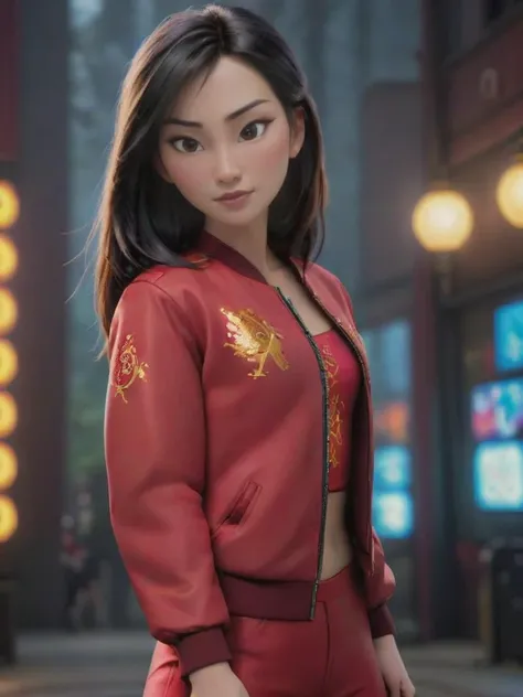 cinematic photo mulan in red jacket, sexy pose, <lora:add-detail-xl:1> <lora:princess_xl_v2:0.8>, . 35mm photograph, film, bokeh, professional, 4k, highly detailed