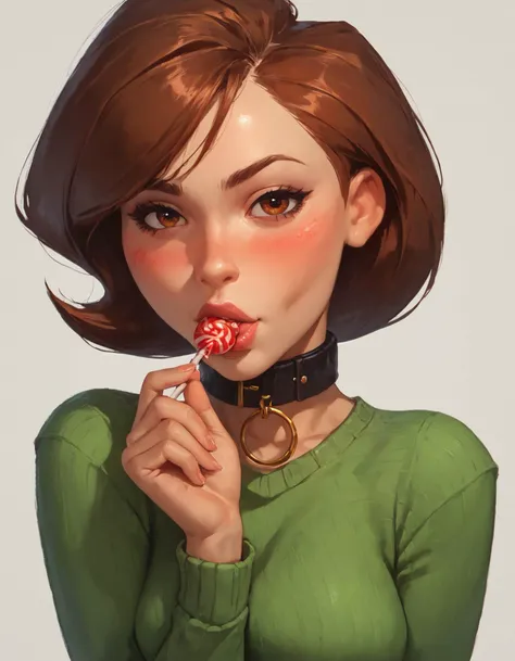 score_9, score_8_up, score_8, sexy 37 year old woman, Helen Parr, green sweater, side of face, side eye, face, top and bottom lips, pursed lips, arm up, hand near mouth, pinching stem between fingers, holding stem up to mouth, candy inside mouth, sucking, 1girl, collar, blushing, perfectly round breasts, cinematic lighting, sexually suggestive
<lora:princess_pony_v1:.1> <lora:add-detail-xl:.4> <lora:Expressive_H:.6> <lora:g0th1cPXL:.5> <lora:Concept Art Twilight Style SDXL_LoRA_Pony Diffusion V6 XL:.4> <lora:[GP] somethingweird [Pony XL]:.3>
<lora:HelenParrXL:.3> <lora:phallic_food_-_pony:.7>