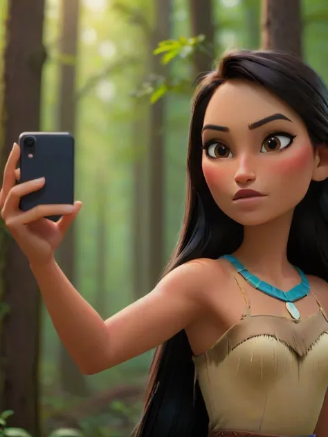 cinematic photo pocahontas, selfie in the woods <lora:add-detail-xl:1> <lora:princess_xl_v2:0.8>, . 35mm photograph, film, bokeh, professional, 4k, highly detailed