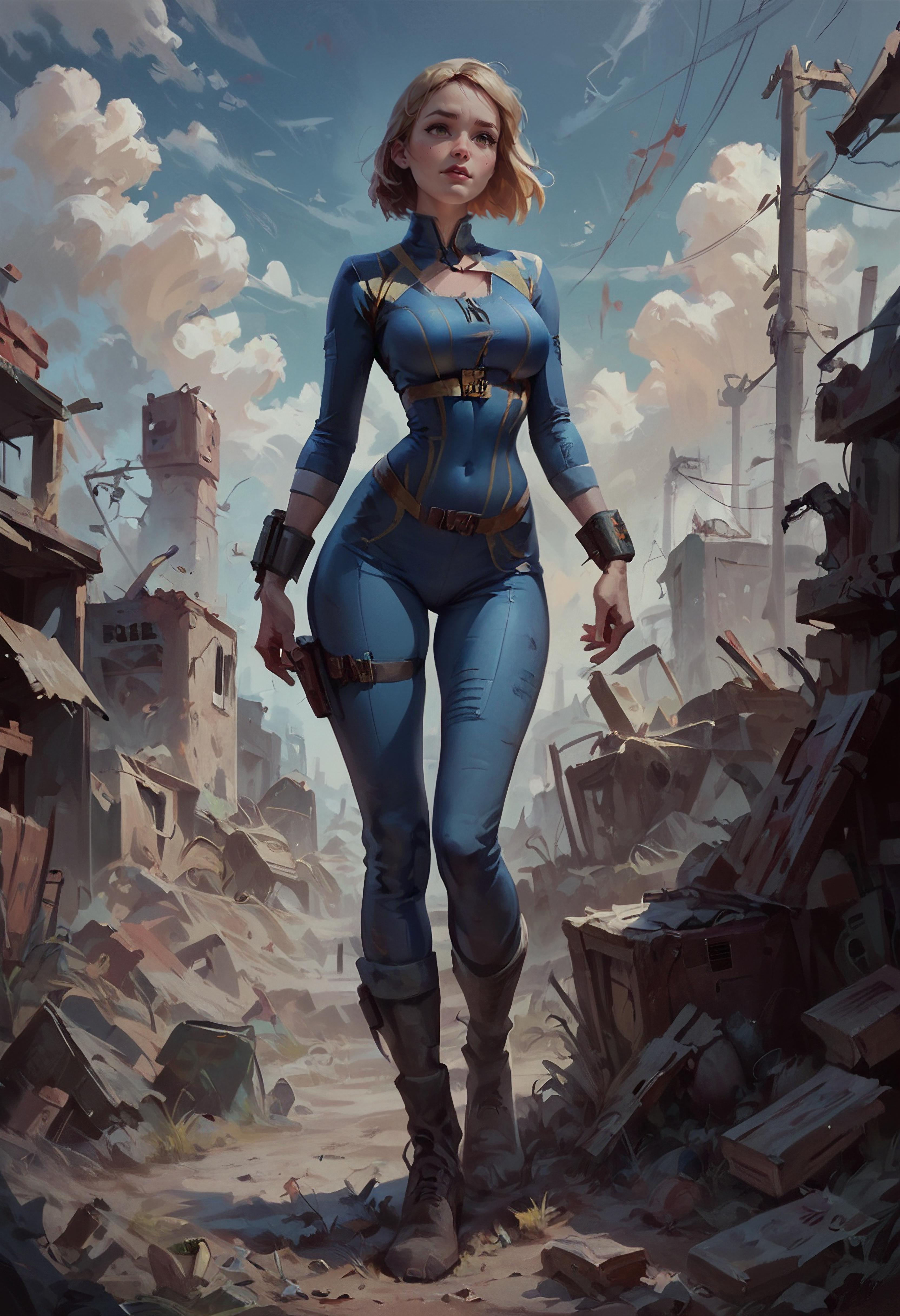 A woman in a blue suit standing in a ruined city - SeaArt AI