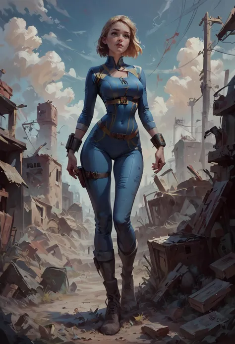 score_9, score_8_up, score_7_up, 1girl, vault girl, fallout \(series\), vault suit, wasteland, realistic, concept art, 