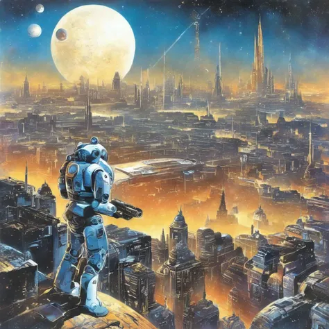 Solo, blue robot, laser gun, weapon, sci-fi planet, sci-fi city, white spires, space, moons, realistic, science fiction, comics, retro style, detailed, st0rmstyl3, style of don lawrence, science fiction