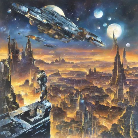 Solo, blue robot, laser gun, weapon, sci-fi planet, sci-fi city, white spires, space, moons, realistic, science fiction, comics, retro style, detailed, st0rmstyl3, style of don lawrence, science fiction