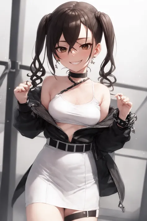 <lora:sunazuka akira:1>,sunazuka akira, 1girl, brown_eyes, black_hair, hair_between_eyes, long_hair, open_mouth, twintails, medium breasts, bangs, belt, bracelet, chain-link_fence, choker, closed_eyes, earrings, fence, grin, halftone, halftone_background, jewelry, polka_dot, polka_dot_background, skirt, smile, solo, sparkle, unmoving_pattern