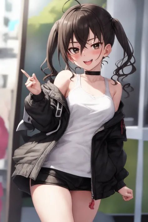 <lora:sunazuka akira:1>,sunazuka akira, 1girl, brown_eyes, black_hair, hair_between_eyes, long_hair, open_mouth, twintails, medium breasts, 1girl, bangs, black_choker, black_hair, blush, choker, cropped_legs, drawstring, green_background, hood, hood_down, hooded_jacket, hoodie, looking_at_viewer, open_mouth, smile, solo, two-tone_background
