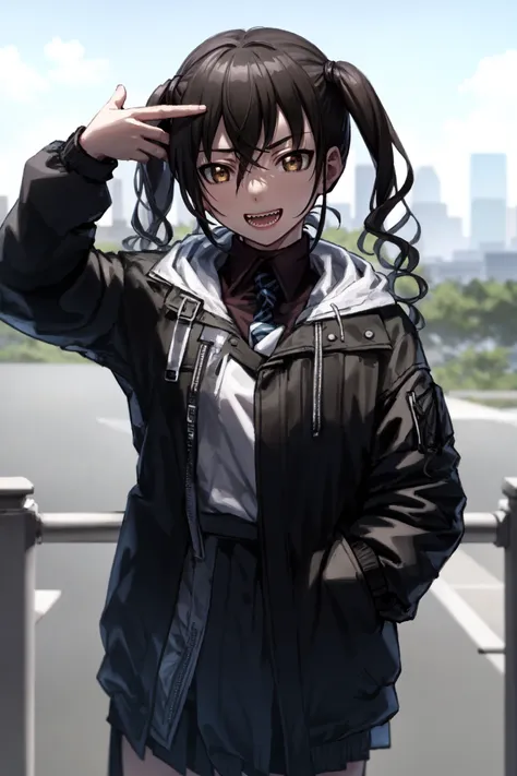 <lora:gun2headPose_gun2headv3final:1> finger gun to head, <lora:sunazuka akira:1>, sunazuka akira, 1girl, open mouth, bangs, brown_eyes, brown_hair, collared_shirt, hair_between_eyes, hand_in_pocket, jacket, long_hair, long_sleeves, looking_at_viewer, necktie, open_mouth, sharp_teeth, shirt, skirt, solo, standing, striped, twintails, white_shirt, hoodie, upper body,