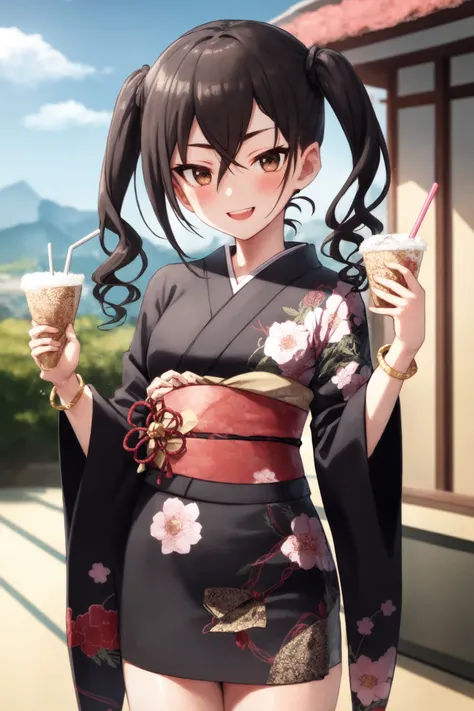 <lora:sunazuka akira:1>,sunazuka akira, 1girl, brown_eyes, black_hair, hair_between_eyes, long_hair, open_mouth, twintails, medium breasts, blue_kimono, blush, bracelet, day, drinking_straw, floral_print, food, hair_ribbon, holding, japanese_clothes, kimono, looking_at_viewer, obi, outdoors, palm_tree, plant, print_kimono, ribbon, sash, shaved_ice, smile, solo, spoon, tree, wide_sleeves, yukata