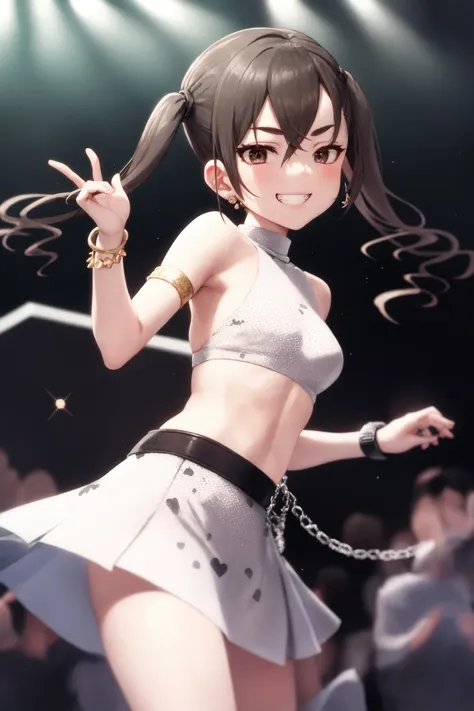 <lora:sunazuka akira:1>,sunazuka akira, 1girl, brown_eyes, black_hair, hair_between_eyes, long_hair, open_mouth, twintails, medium breasts, bangs, belt, bracelet, chain-link_fence, choker, closed_eyes, earrings, fence, grin, halftone, halftone_background, jewelry, polka_dot, polka_dot_background, skirt, smile, solo, sparkle, unmoving_pattern