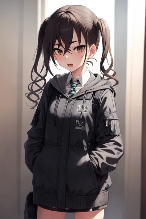 <lora:sunazuka akira:1>, sunazuka akira, 1girl, open mouth, bangs, brown_eyes, black_hair, collared_shirt, hair_between_eyes, hand_in_pocket, jacket, long_hair, long_sleeves, looking_at_viewer, necktie, open_mouth, sharp_teeth, shirt, skirt, solo, standing, striped, twintails, white_shirt, hoodie, (mole under eye:0.8),