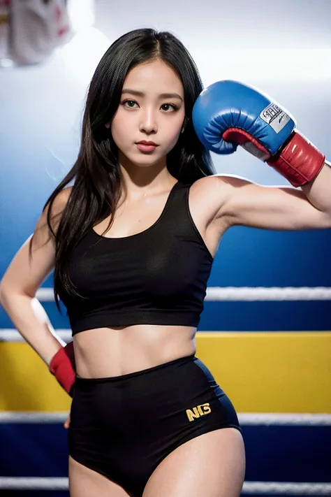 Nikon RAW photo,8k,Fujifilm XT3,masterpiece, best quality, 1girl,solo,realistic, photorealistic, ultra detailed, long straight black hair, hazel eyes, slender figure, depth of field, HDR, shallow depth of field, broad light, high contrast, backlighting, bloom, light sparkles, standing in boxing ring, ((boxing gloves)), joyful expression, front facing, bpjisoo, <lora:blackpinkJisoo_v1ByConfetti:1>