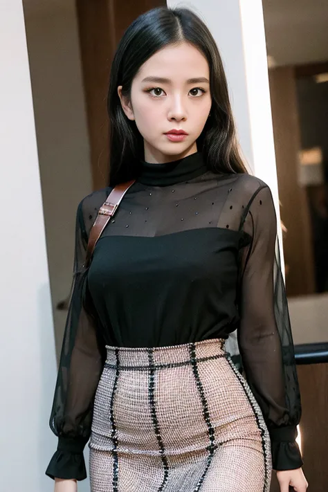 hyper realistic, lifelike texture, dramatic lighting, Nikon RAW photo, 8k, Fujifilm XT3,masterpiece, best quality, realistic, photorealistic, ultra detailed, extremely detailed face, solo,1girl, standing, blouse, skirt, fashionable and trendy atmosphere, walk-in closet, designer clothing and accessories, high-end makeup products, and a stylish expression on her face, bpjisoo, <lora:blackpinkJisoo_v1ByConfetti:1>