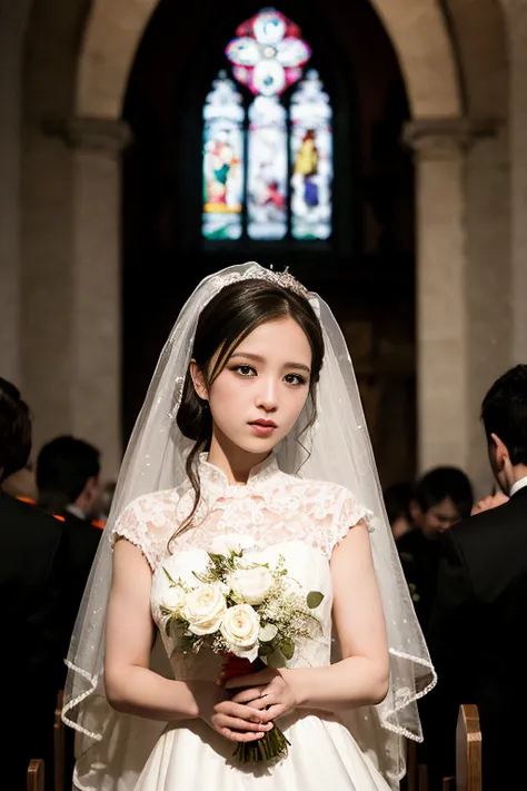 hyper realistic, lifelike texture, dramatic lighting, (best quality:1.1), white wedding dress, white veil, HDR, shallow depth of field, broad light, high contrast, backlighting, bloom, light sparkles, church chapel in the background, bpjisoo, <lora:blackpinkJisoo_v1ByConfetti:1>