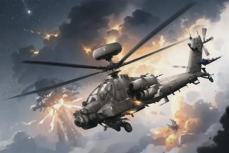 analog gloomy aerial photo of an (Apache helicopter, <lora:ap4ch3:1>), ((nighttime)), (flying over Vietnam jungle (on fire) at night), (explosions on the ground), barricades, tracer gunfire, tracer gunfire, High Detail, Sharp focus, (photorealism), realistic, best quality, 8k, award winning, dramatic lighting, epic, cinematic, masterpiece, rim light, (action movie), war,  depth of field, dutch angle,