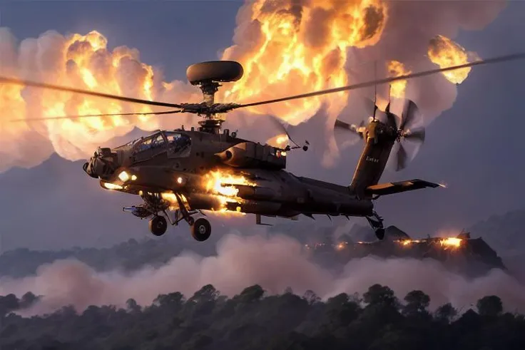 analog gloomy aerial photo of an (Apache helicopter, <lora:ap4ch3:1>), ((nighttime)), (flying over Vietnam jungle (on fire) at night), (explosions on the ground), heavy rain, (tracer gunfire), High Detail, Sharp focus, (photorealism), realistic, best quality, 8k, award winning, dramatic lighting, epic, cinematic, masterpiece, rim light, (action movie), war, depth of field, dutch angle,