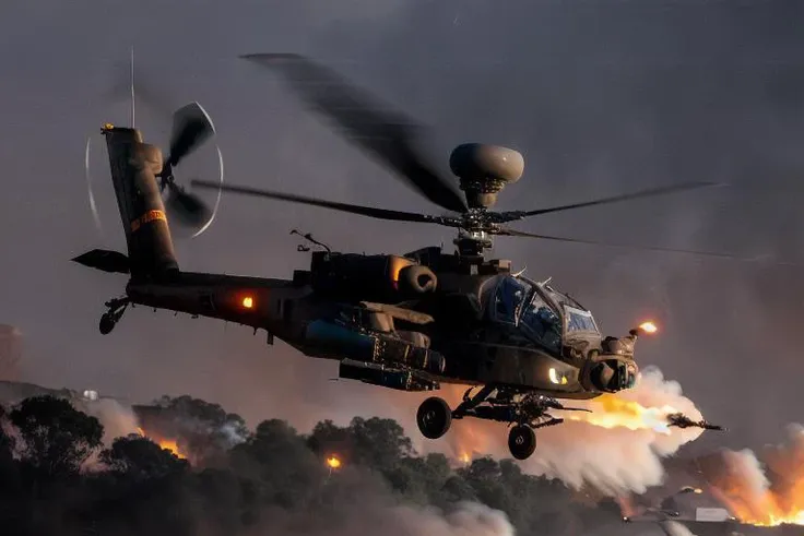 analog gloomy aerial photo of an (Apache helicopter, <lora:ap4ch3:1>), ((nighttime)), (flying over Vietnam jungle (on fire) at night), (explosions on the ground), barricades, tracer gunfire, tracer gunfire, High Detail, Sharp focus, (photorealism), realistic, best quality, 8k, award winning, dramatic lighting, epic, cinematic, masterpiece, rim light, (action movie), war, depth of field, dutch angle,