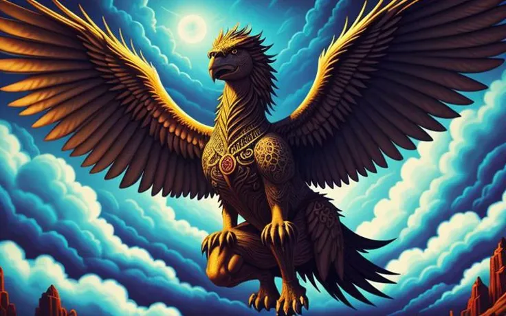 extremely detailed and colorful, incredibly absurdres, dramatic, dynamic shot, (XD-Scene), thematic lighting, 
a griffin soaring through the clouds,