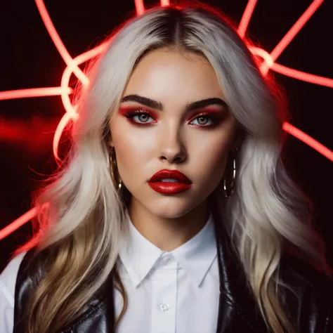polaroid photo Demon ((ohwx woman)) with Red Lips and Long White Hair Domenic Engres Style <lora:madison_beer_lora_128:1> . flash photography, light bleed, scratches, Terry Richardson style